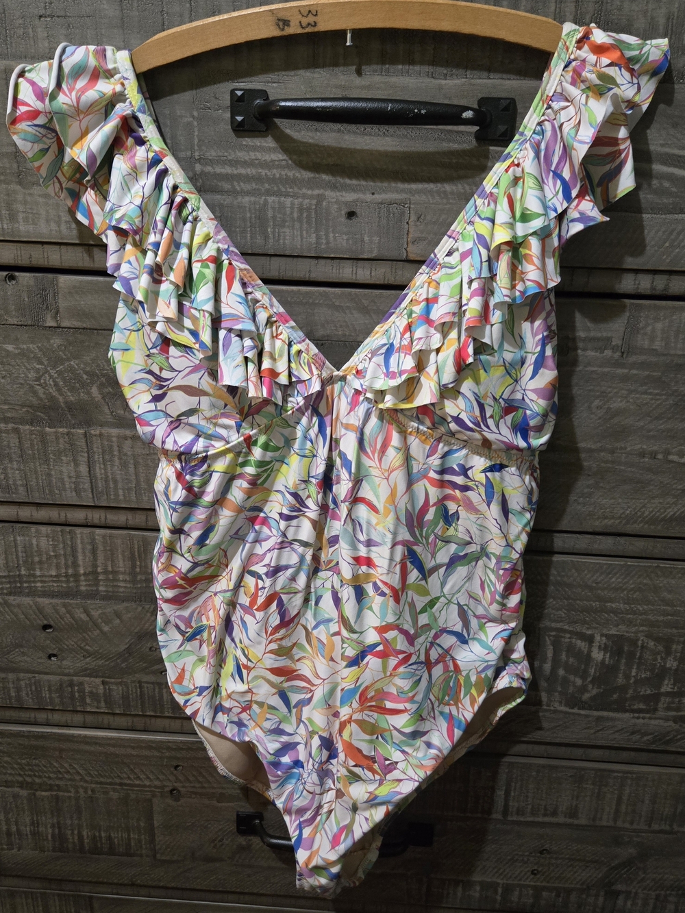 Barocco Tropical Leaf Print Ruffle One Piece Swimsuit Size 12 Tall